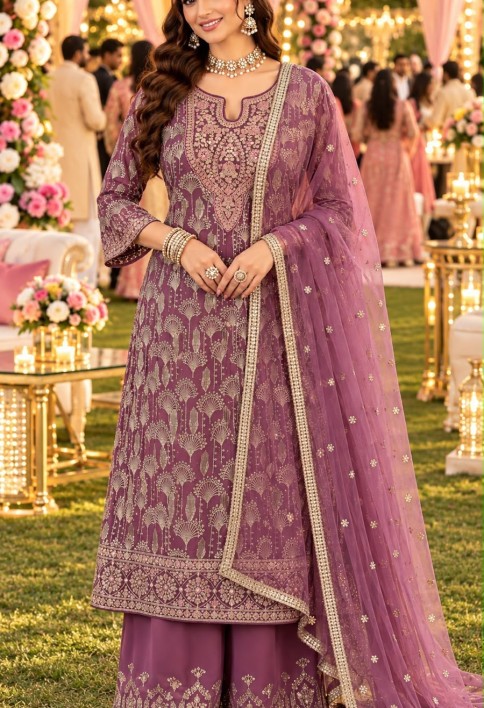 Georgette Lilac Wedding Wear Embroidery Work Readymade Anarkali Suit